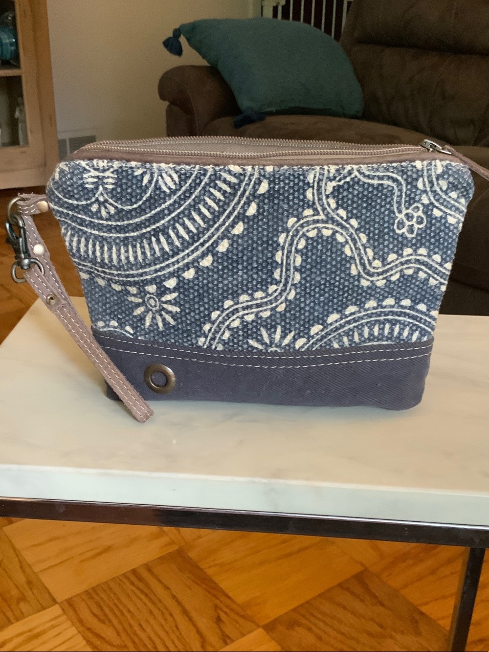 Myra Bag Blue Patterned Canvas Wristlet Pouch